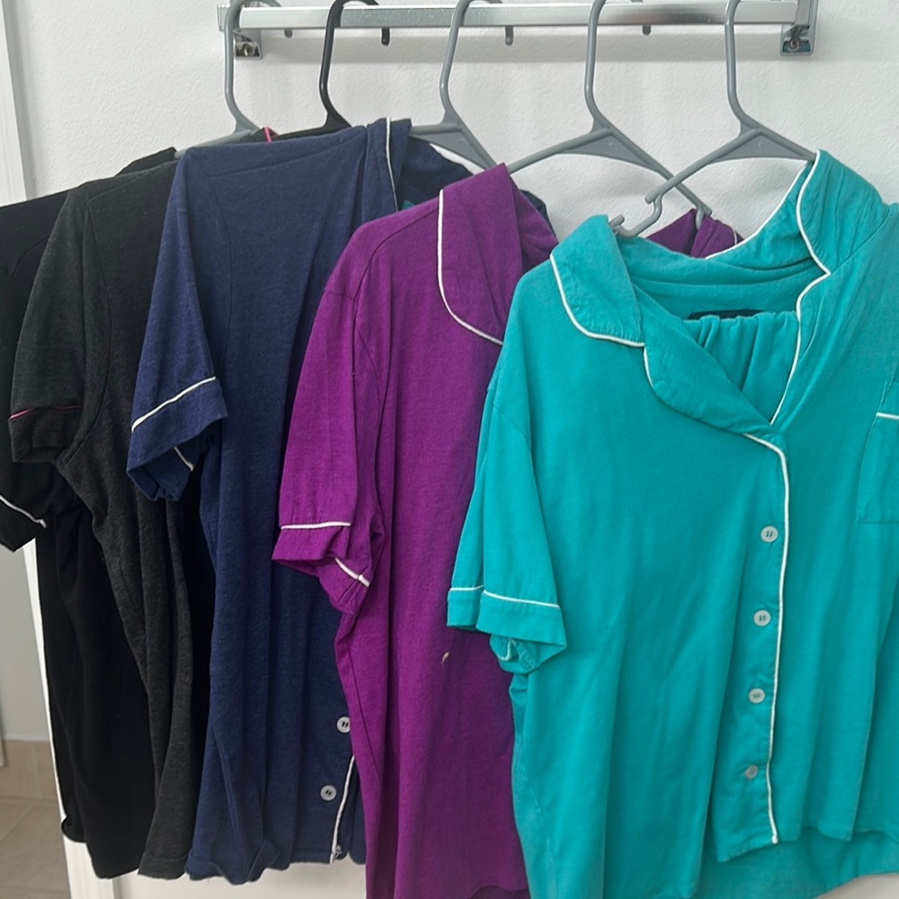 Teal and Purple Pajama Tops with White Piping